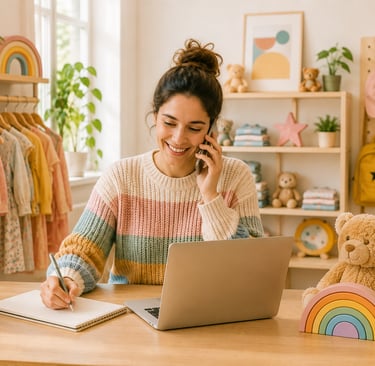 A smiling woman business owner talking on her phone while working on a laptop in a kids' boutique.