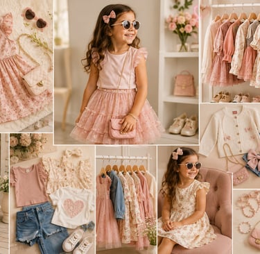 Young girl modeling stylish pink floral toddler dresses and accessories for spring fashion.