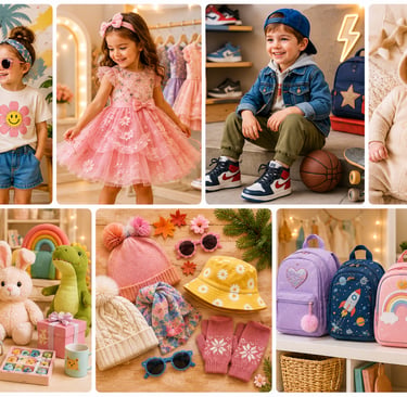 Collage of kids fashion clothing, stuffed animal toys, and colorful school backpacks for children.