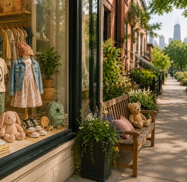 Children's clothing boutique window display on a sunny Chicago street with city skyline view.