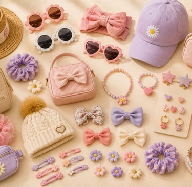 Collection of pastel pink and purple girls' accessories including daisy hats, bows, sunglasses, and jewelry.