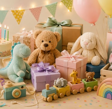 Festive child's birthday celebration with a cake, colorful gifts, balloons, and wooden toys.