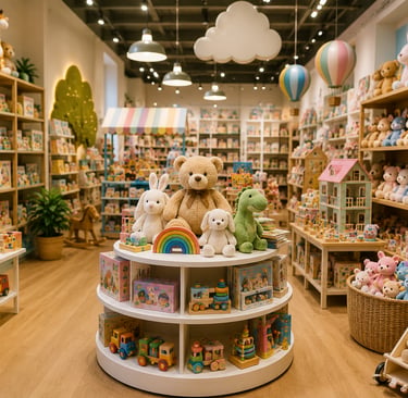 Whimsical children's toy store interior featuring wooden shelves filled with plush teddy bears and educational toys.