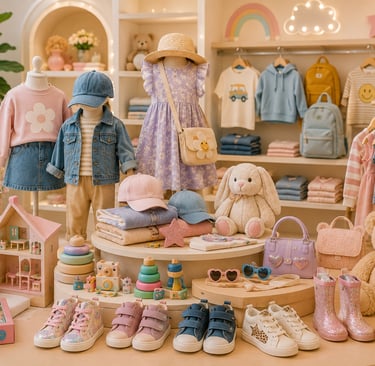 Stylish children's clothing display featuring trendy kids apparel, shoes, and plush toys in a boutique.