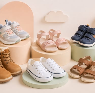 A collection of children's footwear including sneakers, sandals, and boots displayed on pastel pedestals.