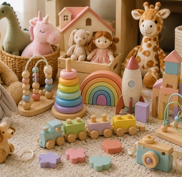 Collection of sustainable wooden toys and plush stuffed animals in a nursery setting.