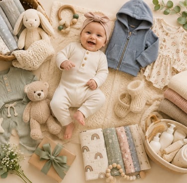 Smiling baby lying among neutral baby clothes, plush toys, and organic cotton swaddles.
