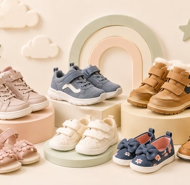 Selection of kids' shoes, boots, and sandals displayed on pastel pedestals with a teddy bear.