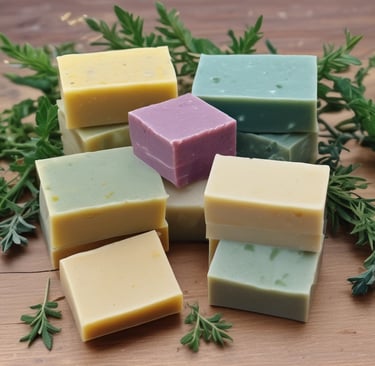 A stack of colorful soap bars wrapped in recycled paper with twine bows.