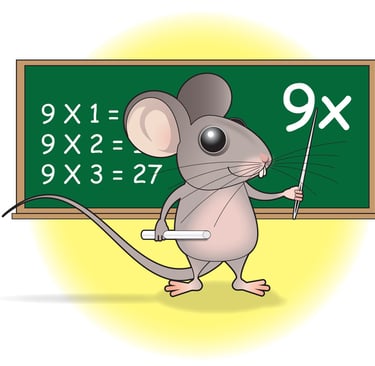 “Cartoon mouse teaching multiplication on a chalkboard - fun educational children’s illustration for 9× Fun.”