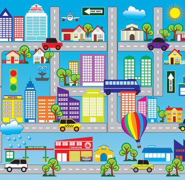 “Colorful illustrated city map with buildings, vehicles, and roads — playful educational artwork for children’s baby mats.”