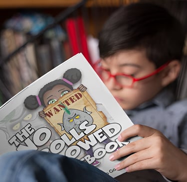  “Child reading ‘Troll Rulesk’ with cartoon girl on the cover - expressive illustration for The No Trolls Allowed Guidebook.”