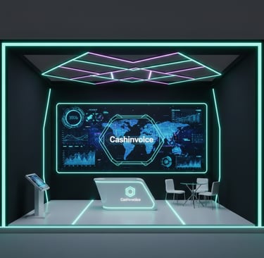 Modern futuristic fintech exhibition booth with neon lighting and Cashinvoice digital data display.