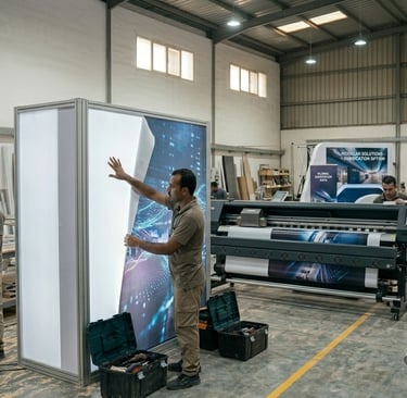 Technicians installing large format digital print graphics onto a modular exhibition lightbox in a workshop.