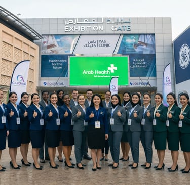 Professional event hostesses and staff posing with thumbs up at the Arab Health exhibition entrance.