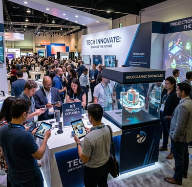 Crowded technology trade show booth featuring VR headsets, holographic displays, and AR product demos.