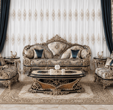 Luxury classical living room set with ornate gold-carved sofa, armchairs, and coffee table.