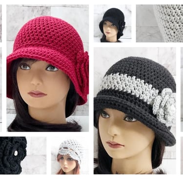 Gallery of images with woman wearing vintage-style crochet cloche hats with flowers on the side.