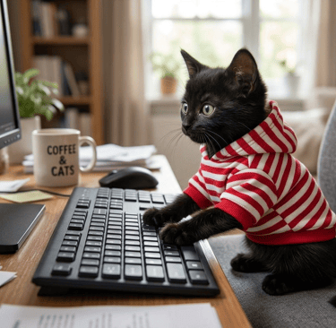 Gatito negro con una sudadera roja a rayas tecleando en un ordenador de escritorio