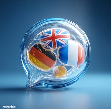 Multilingual AI Chatbot speech bubble with UK German French flags for tourism translation