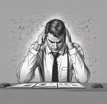 Anxious businessman sitting with hands on head Distressed Takeover