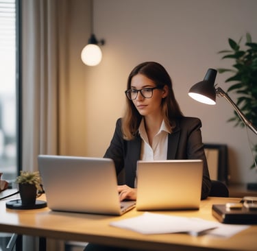 A cozy workspace with a laptop, a steaming cup of tea, and a soft microwaveable bag resting nearby.