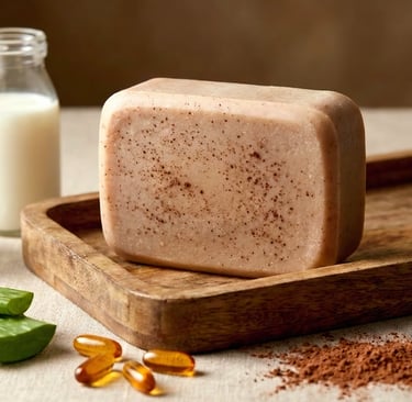 a soap bar with a bottle of liquid and a bottle of liquid