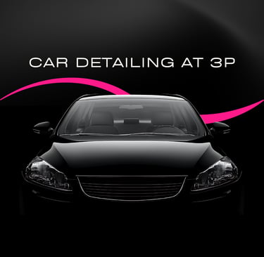Glossy commercial of black car with Pink shape design in background with words Car Detailing at 3P 