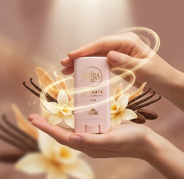Aura 33 intieme lichaamsdeodorantstick, geflankeerd door vanillebonen en bloemen.