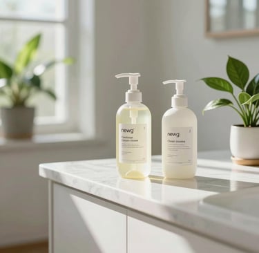 A sunlit, minimalist living room with lush green plants and natural wood accents, embodying a clean and eco-friendly home.