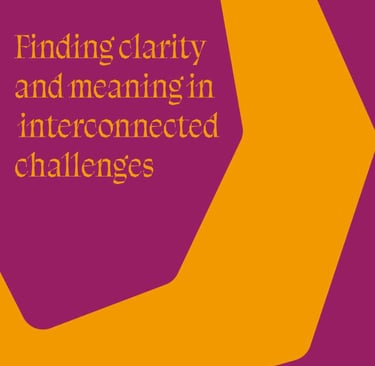 Purple and orange graphic text reading: Finding clarity and meaning in interconnected challenges.