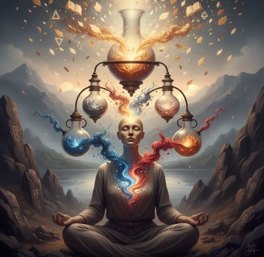 “Meditating figure transmutes blue/red energy from hovering flasks amid sacred geometry. Symbolizing Emotional Alchemy.”