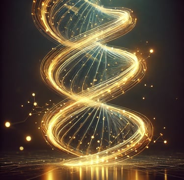 "Abstract digital art of a swirling golden light spiral with radiant fiber optic filaments and glowing embers."