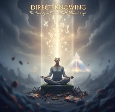 “Poster reading ‘Direct Knowing’ above a meditating figure in a beam of light, with sacred symbols and distant pyramid.”