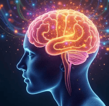 “Side profile of head with glowing brain and colorful neural sparks, illustrating consciousness and creative thinking.”