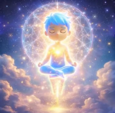 “Cartoon child meditating above clouds with glowing heart light and geometric halo, symbolizing Homo Luminous awakening”