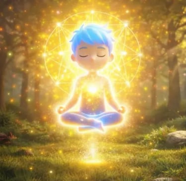 “Cartoon child meditating in forest, glowing with golden light and sacred geometry halo, symbolizing Homo Luminous awakening”