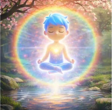 “Cartoon child meditating above a stream with a rainbow aura ring and warm heart light in a tranquil forest”
