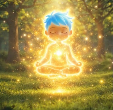 "Homo Luminous boy in golden meditation glow amid forest, embodying spiritual awakening." 