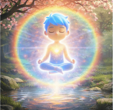 "Homo Luminous boy meditating in rainbow aura above water for chakra alignment." 