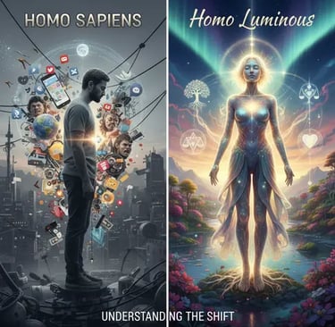 “Split image labeled ‘Homo Sapiens’ and ‘Homo Luminous,’ contrasting a distracted modern human with a glowing evolved figure”