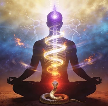 “Meditating silhouette with rising kundalini serpent at base chakra and spiral energy through the spine to the crown light.”