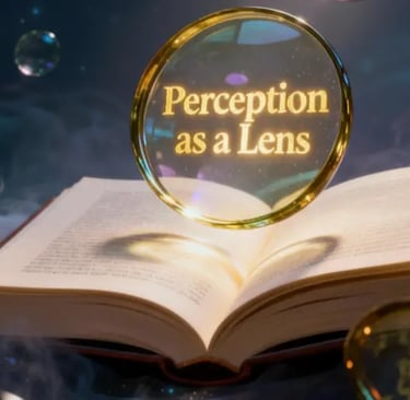 “Glowing orb reading ‘Perception as a Lens’ above an open book, with floating bubbles in a cosmic, misty background.”