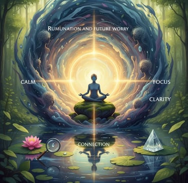 Present-time awareness meditation visual showing calm, focus, clarity, and connection beyond rumination and future worry.