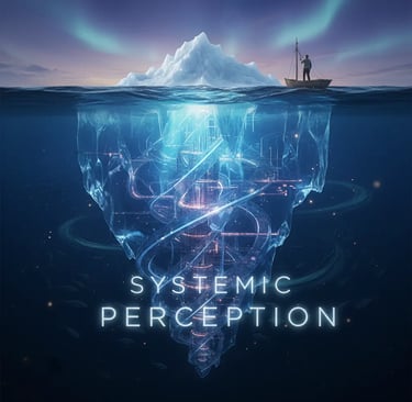 Illuminated iceberg revealing hidden systemic perception structures beneath the ocean surface
