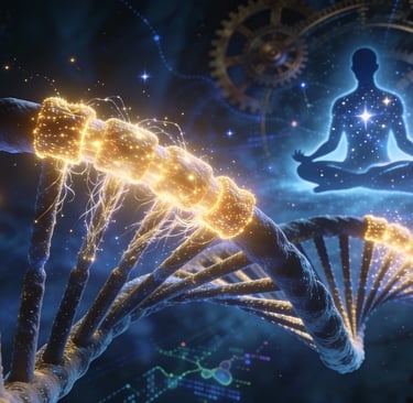 "Conceptual illustration of DNA repair and anti-aging through meditation, featuring a glowing celestial silhouette."