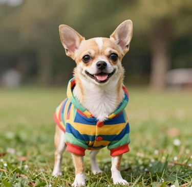 Un chihuahua sonriente de pelo corto, con una sudadera con capucha a rayas de colores.