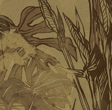 Close-up of Coffee Jungle textured wall print showing details on Dimense Silver, Suede, and Gold med
