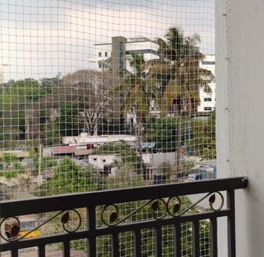 Photo of a residential balcony protected by a fine mesh pigeon net, blending with the building facad
