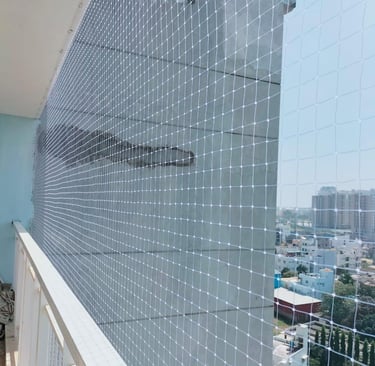 Image capturing the neat edges and secure fittings of a pigeon net on a window frame.